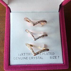 Lot of 3 14K Tri-Toned Plated & Genuine Crystal Stackable Rings Size 7